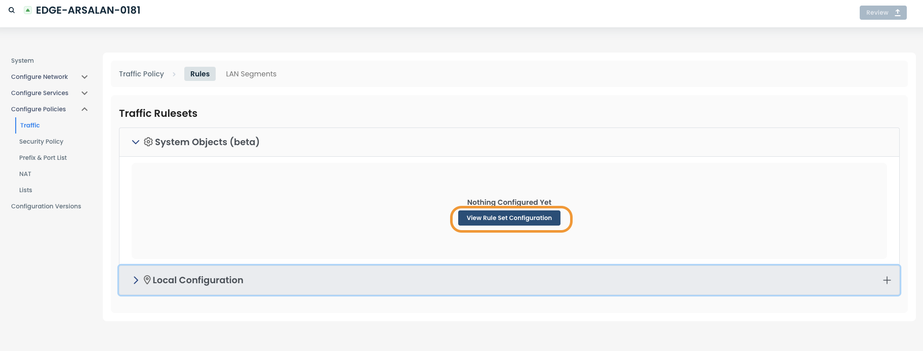 Traffic policy interface showing configuration options and a button to view settings.